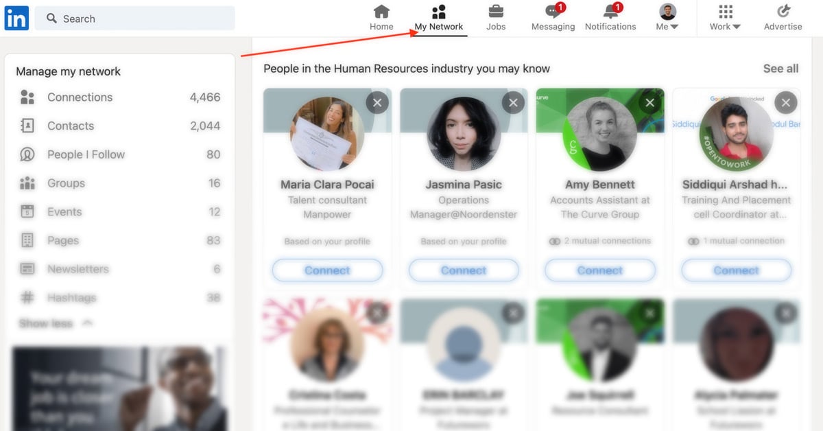 screenshot of linkedin my network tab showing a new notification