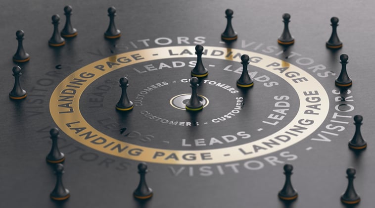 Chess pawn pieces on a table that says landing page, leads, visitors